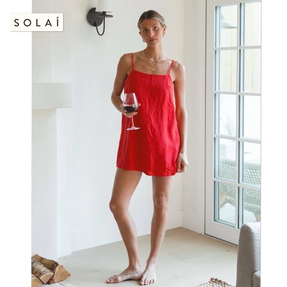 SOLAI Sicily Linen Mini Dress Red S Boho Coastal Spaghetti Strap Summer Sundress SOLAI Sicily Linen Mini Dress Red S Boho Coastal Spaghetti Strap Summer Sundress